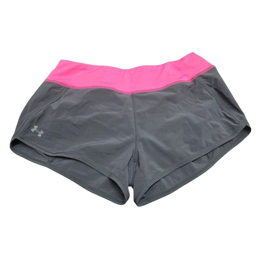 Under Armour HeatGear Womens Running Shorts M Gray Pink Athletic Built-In Briefs